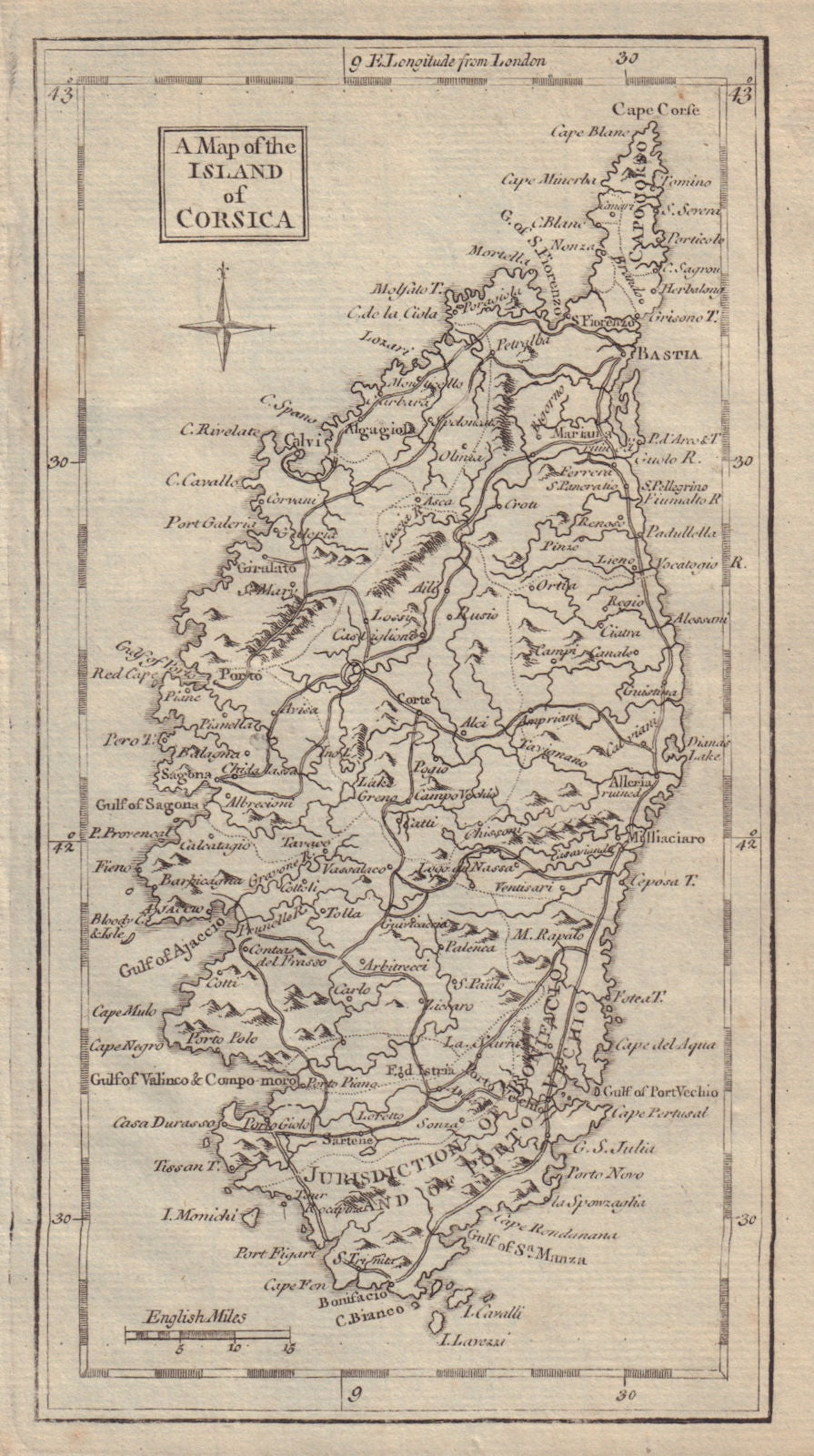 A map of the Island of Corsica. GENTS MAG 1757 old antique plan chart
