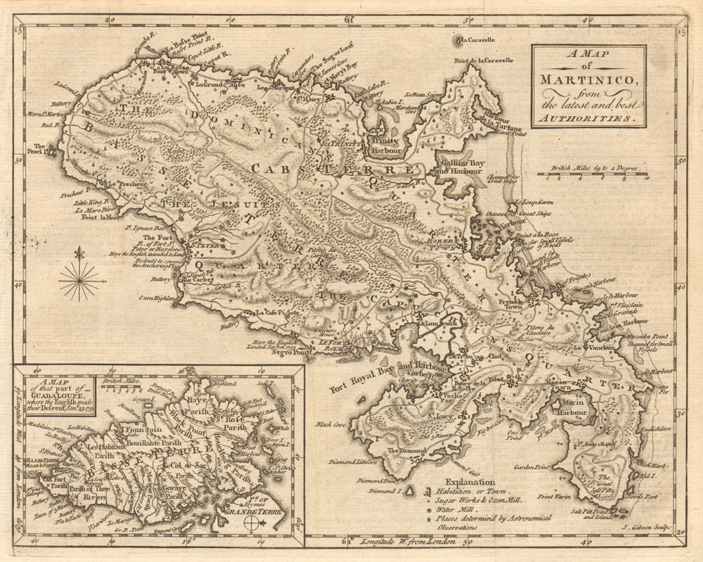Martinico & Basse-Terre, Guadeloupe. Martinique. Antilles. GIBSON 1759 old map