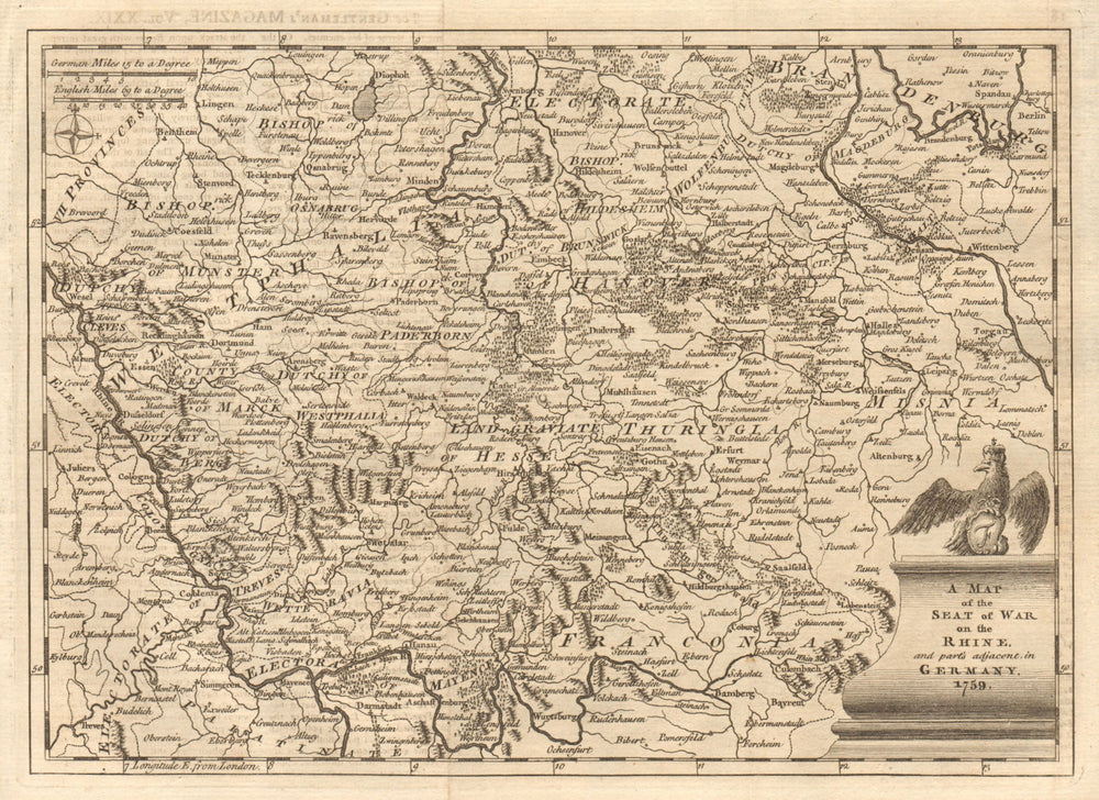 The seat of war on the Rhine & parts adjacent in Germany. GENTS MAG 1759 map
