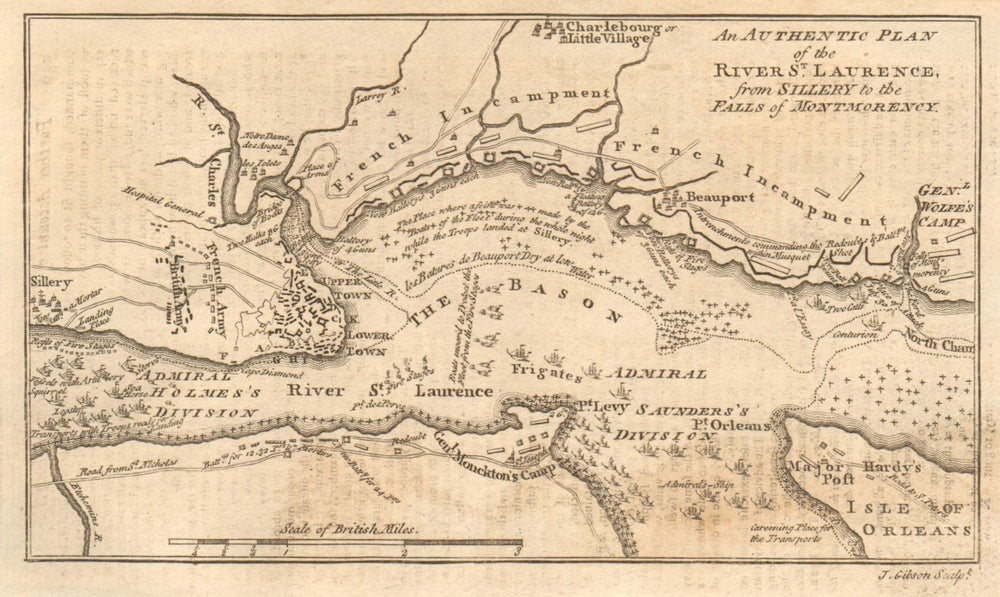 An authentic plan of the River St. Laurence… Quebec City. GIBSON 1759 old map
