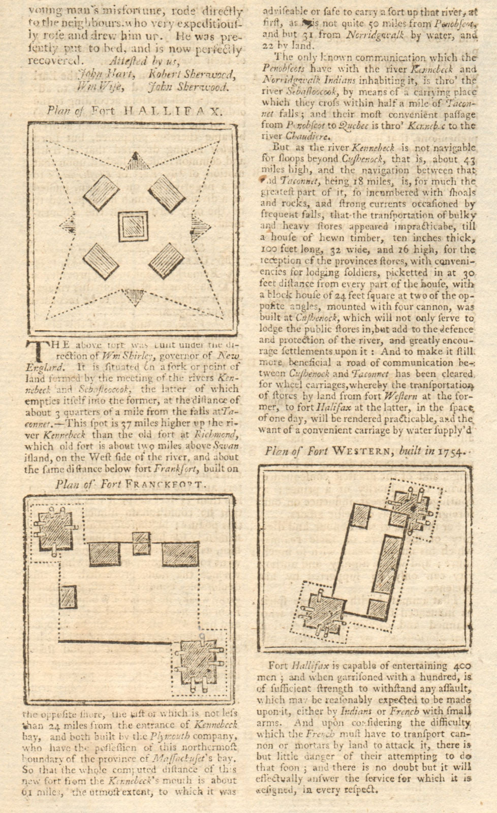 Forts Shirley (or Frankfort), Western & Halifax. Kennebec River, Maine 1755 map