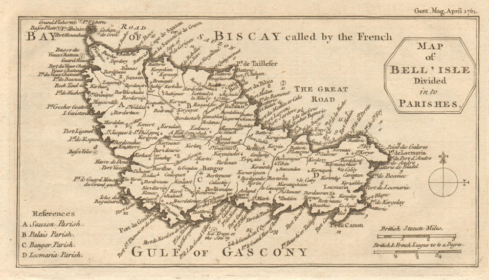 Bell'Isle divided into parishes. Belle-Île-en-Mer. Morbihan. GENTS MAG 1761 map