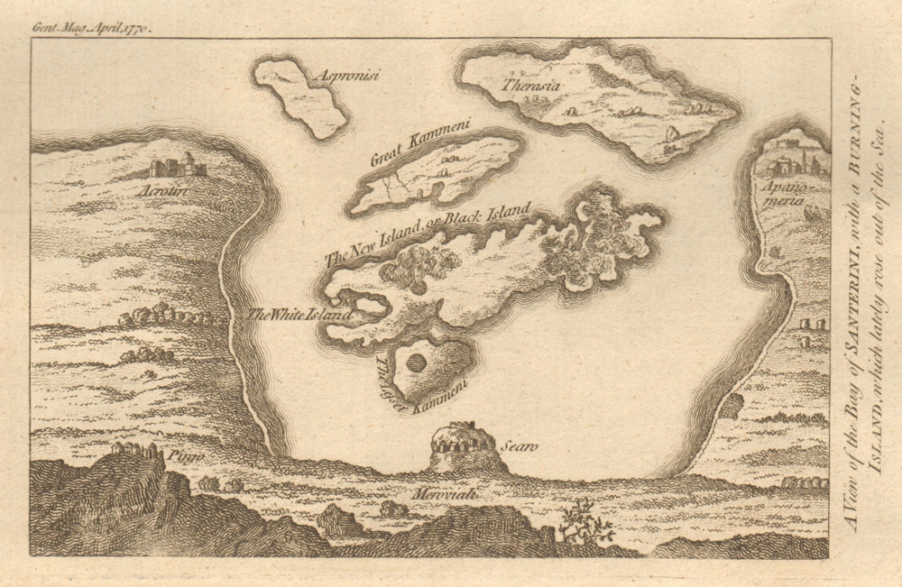 The Bay of Santerini with a burning island… Santorini. GENTS MAG 1770 old map