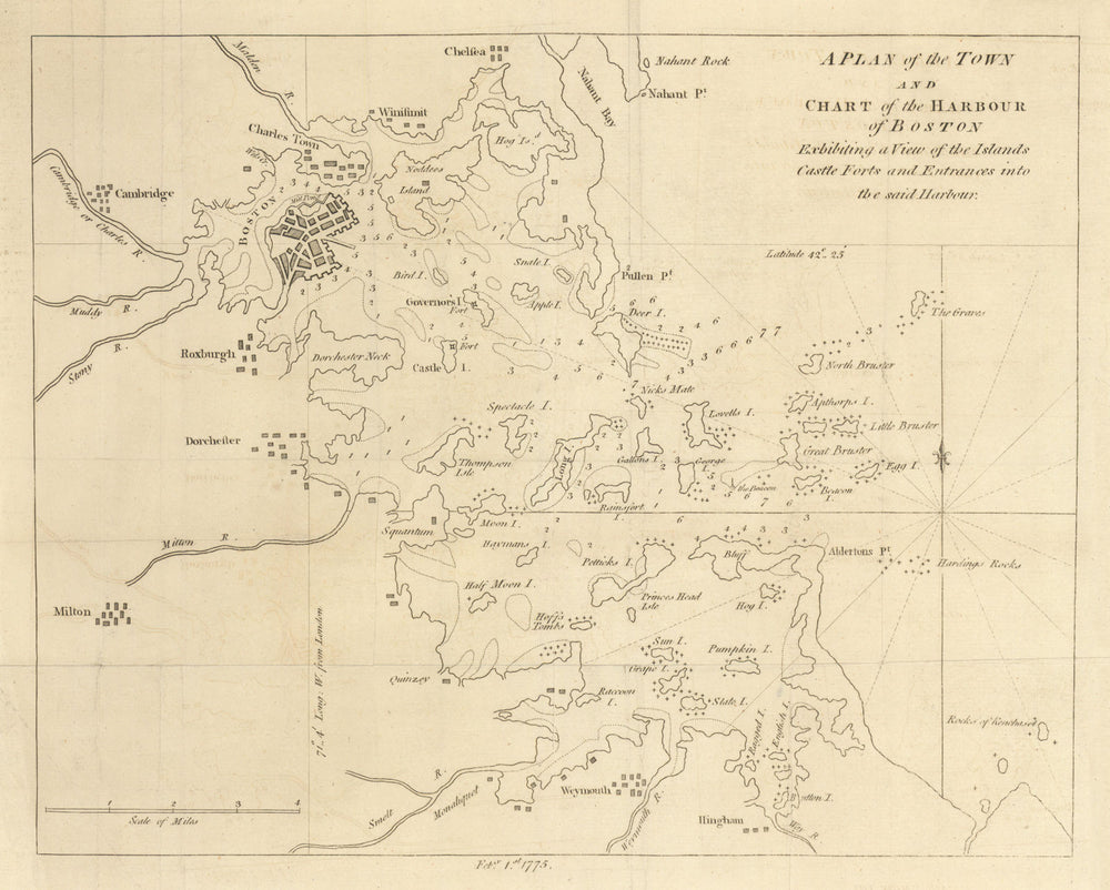 A plan of the town and chart of the harbour of Boston… GENTS MAG 1775 old map
