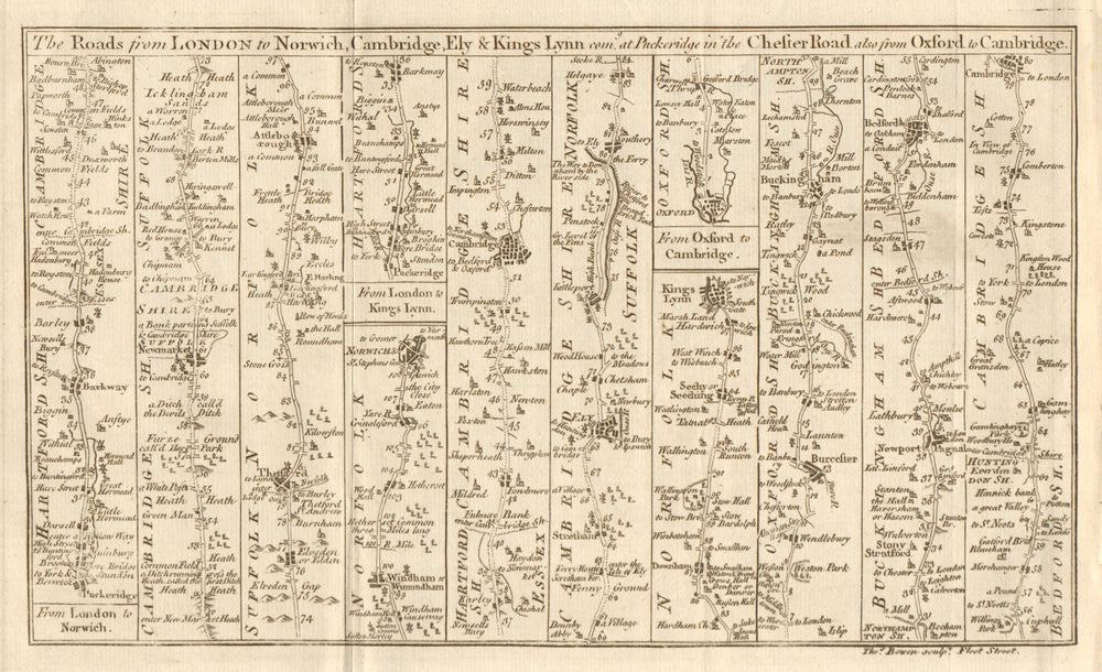 Puckeridge Norwich Cambridge Ely Kings Lynn Oxford road strip map BOWEN 1775