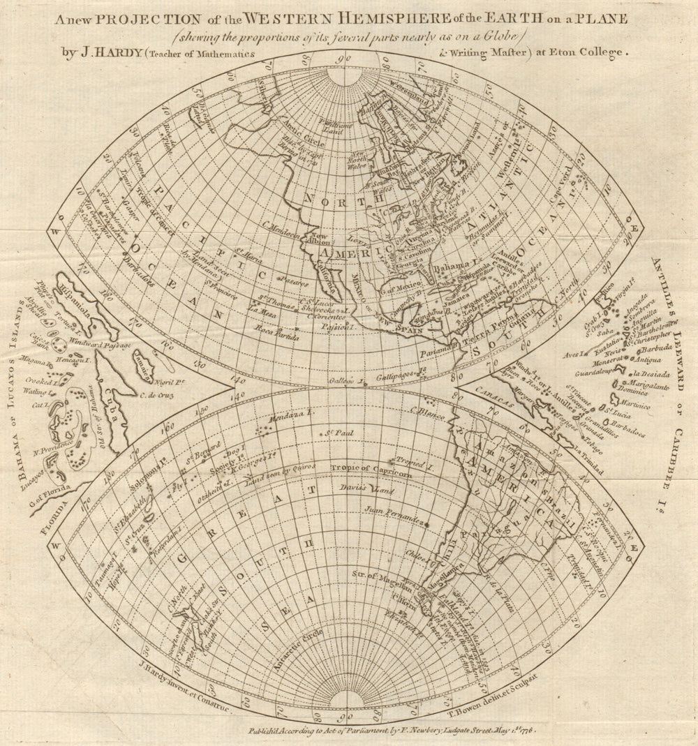 Western Hemisphere of the Earth on a plane. Davis Land. BOWEN 1776 old map
