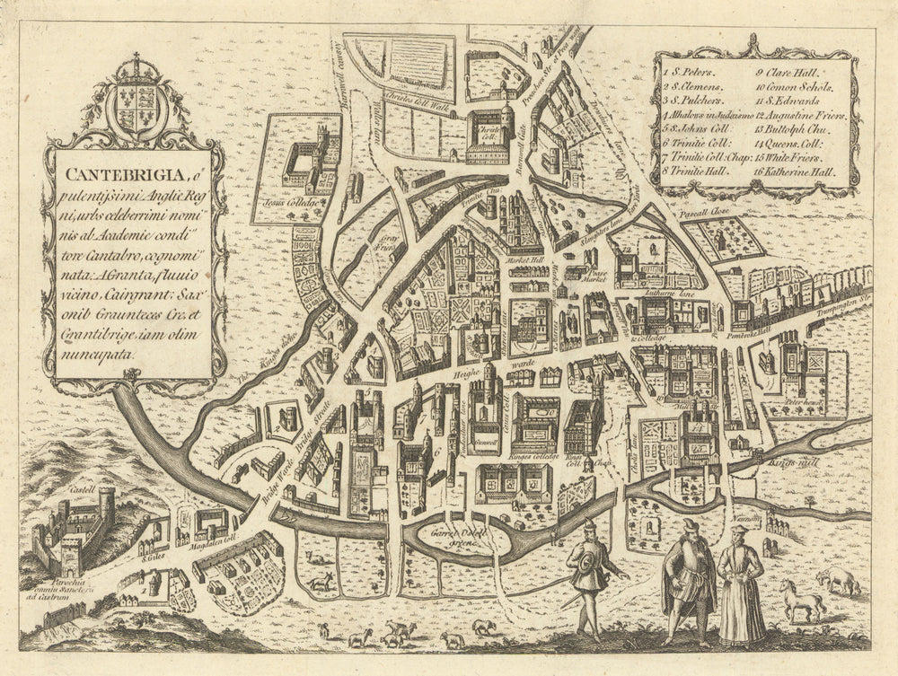 Cantebrigia. Cambridge city plan, after Braun 1572. GENTS MAG 1776 old map