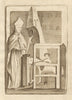 Bas-relief Freckenham church Suffolk. Bishop at farrier's hitting horse leg 1777