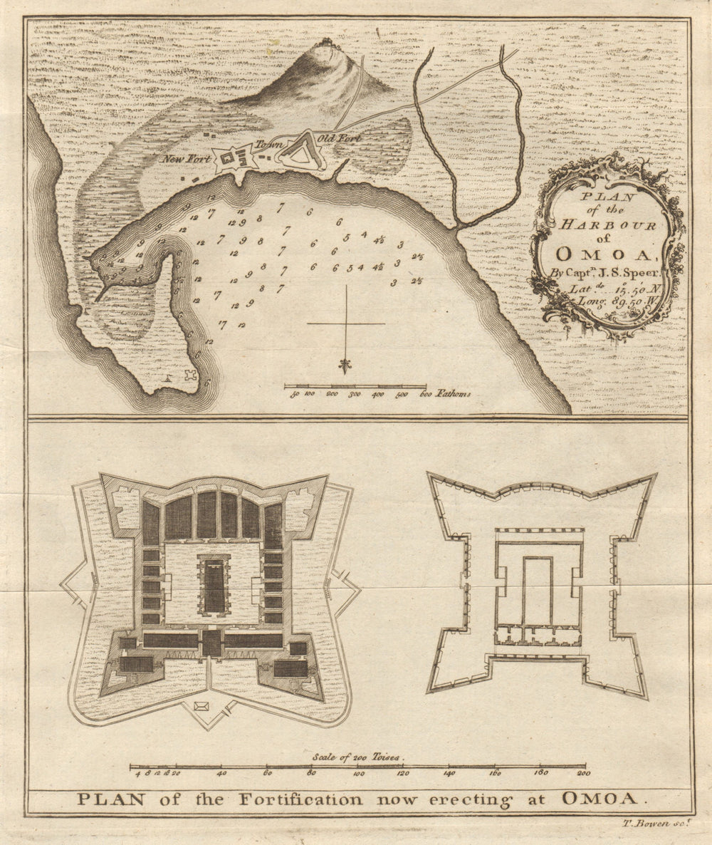 Fortress & harbour of San Fernando de Omoa, Honduras. BOWEN 1780 old map