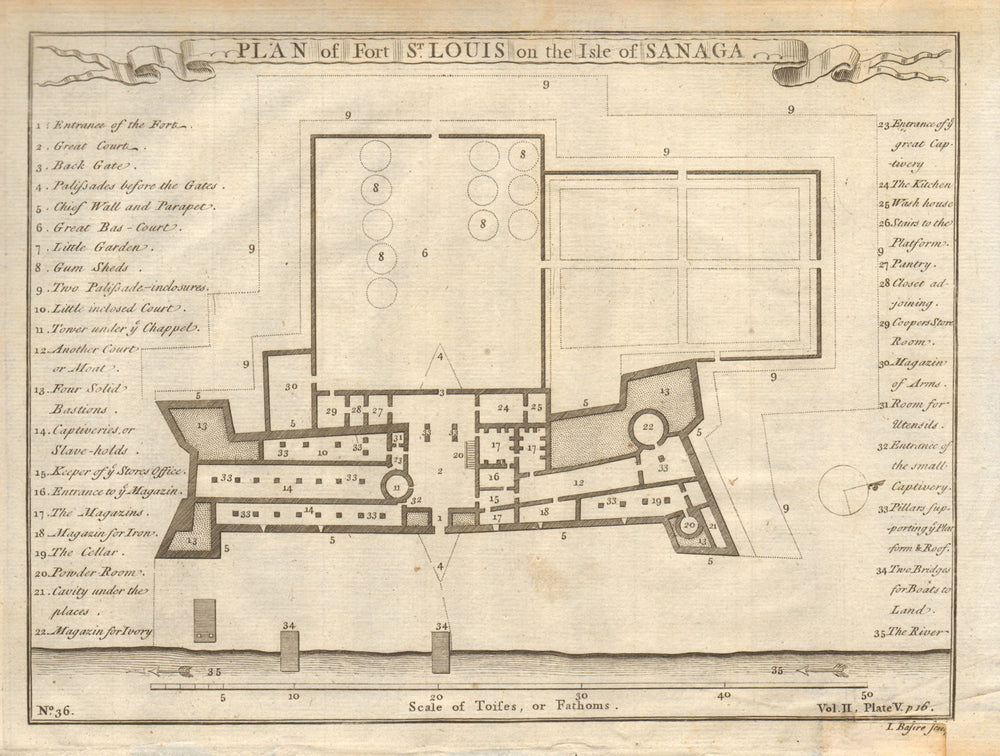 Plan of Fort Saint-Louis on the Isle of Sanaga. Senegal. BASIRE 1745 old map