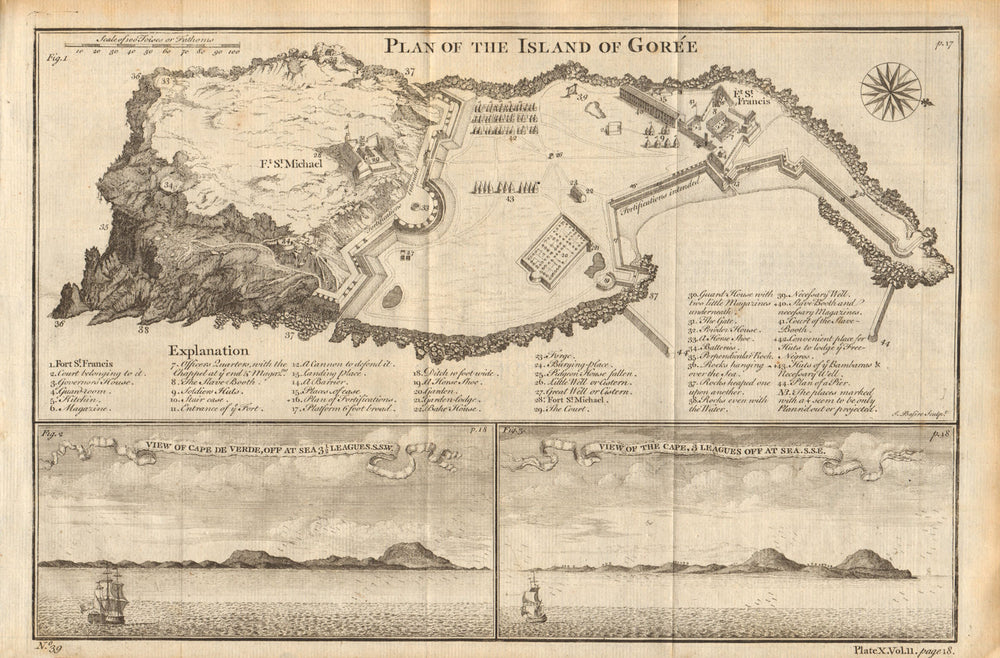 Gorée island plan. Cap-Vert from sea. Île de Goree Dakar Senegal BASIRE 1745 map