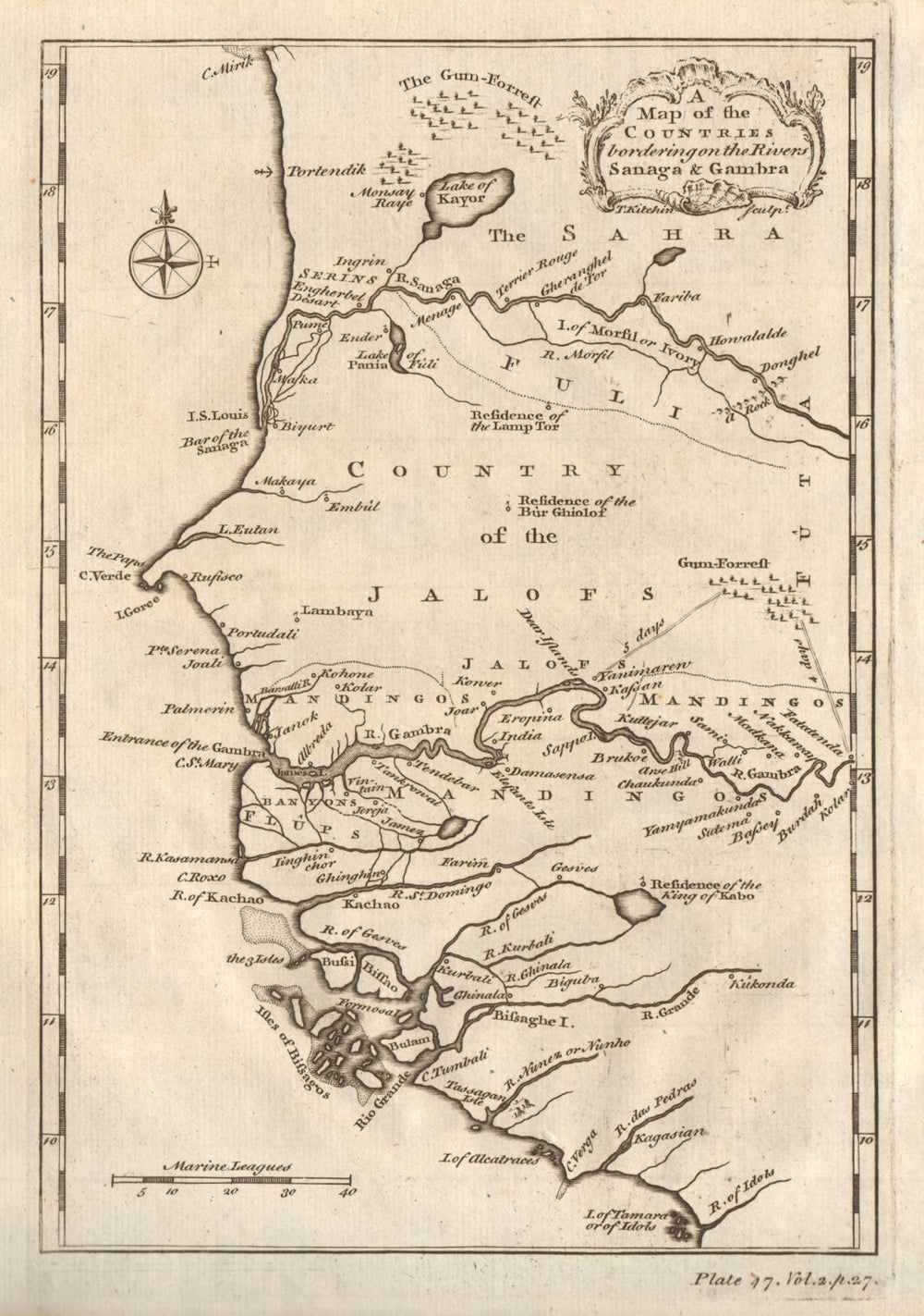 Countries bordering… the Sanaga & Gambra. Senegal Gambia rivers KITCHIN 1745 map
