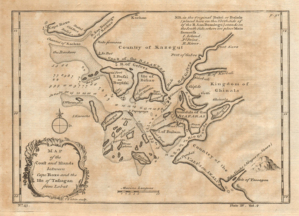 Coast & Islands between Cape Roxo. Guinea-Bissau & Bissagos. KITCHIN 1745 map