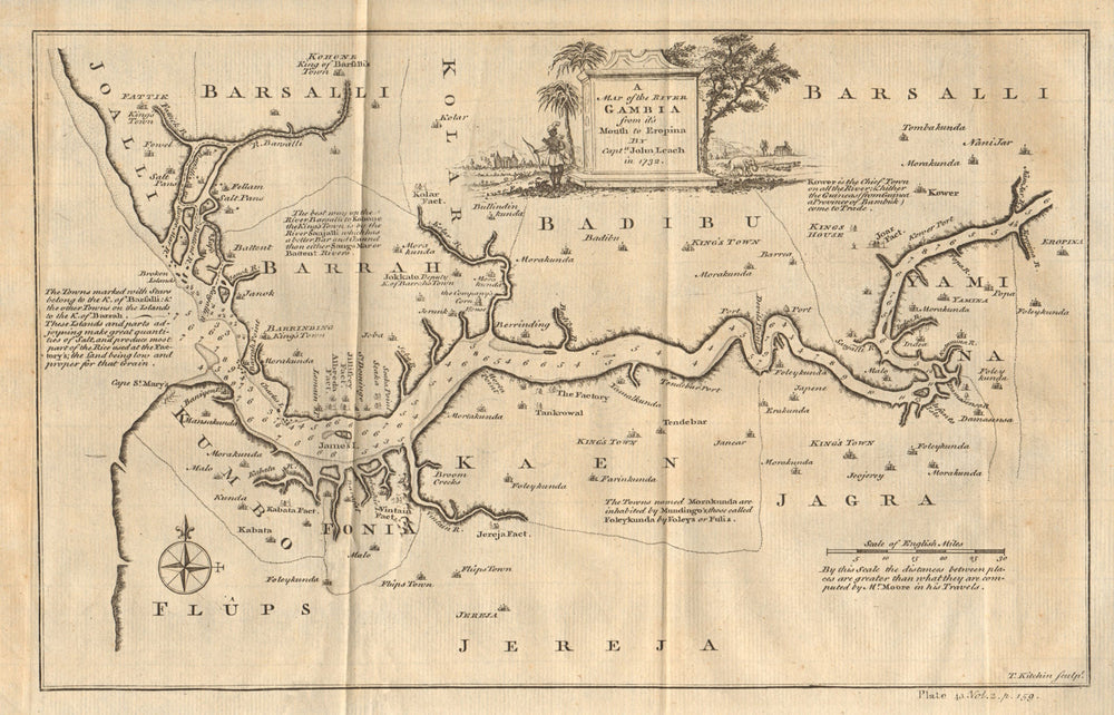 River Gambia from its mouth to Eropina. KITCHIN / LEACH 1745 old antique map