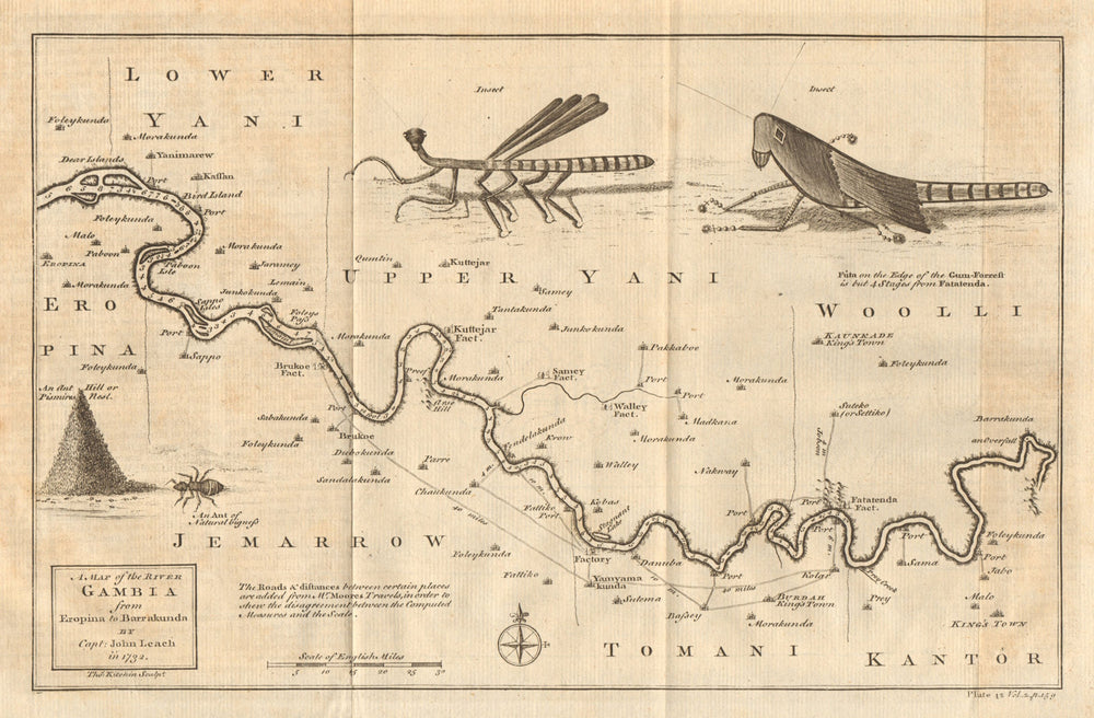 River Gambia from Eropina to Barrakunda. KITCHIN / LEACH 1745 old antique map