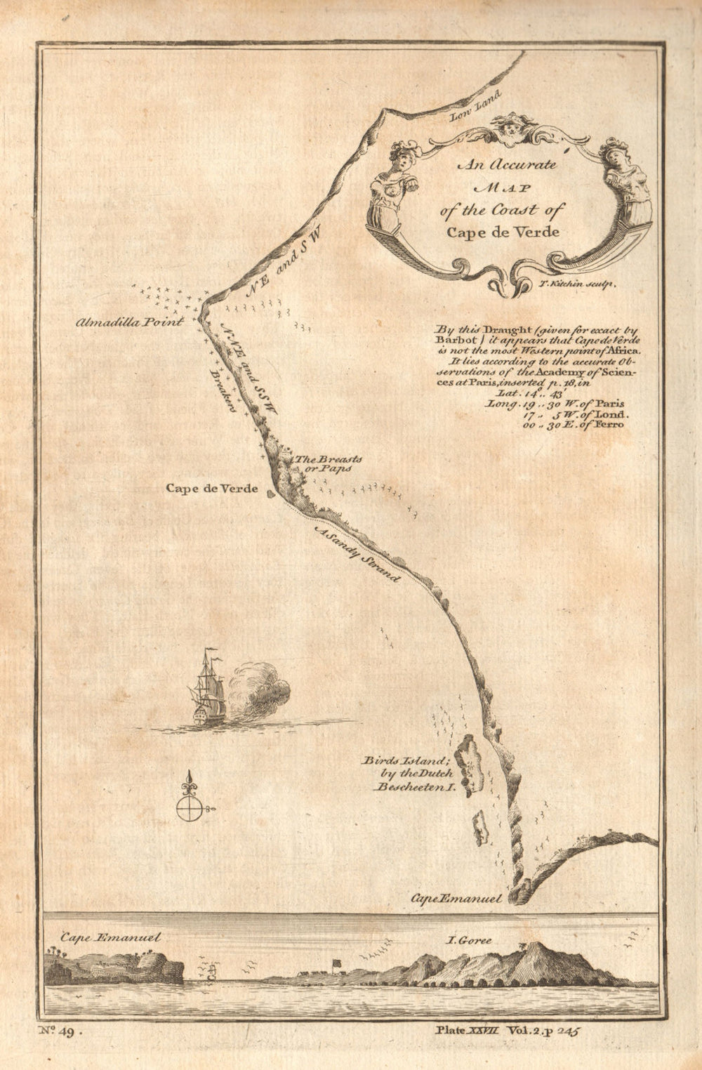 Map of the coast of Cape de Verde. Cap Vert Senegal Dakar. KITCHIN 1745