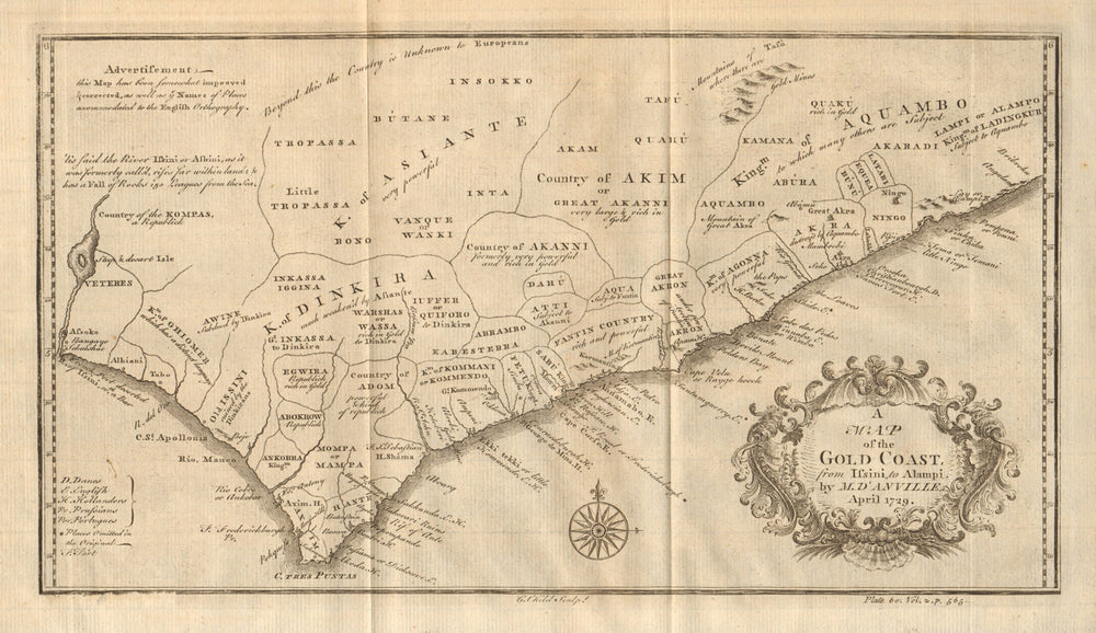 The Gold Coast from Issini to Alampi. Ghana. Volta delta. D'ANVILLE 1745 map