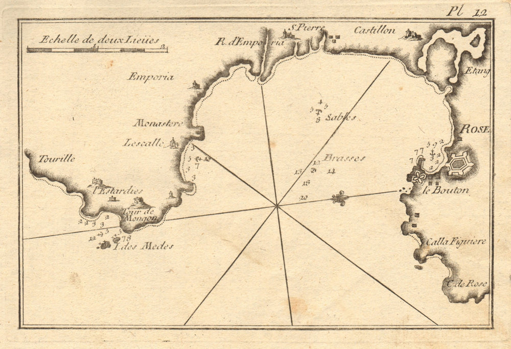 Gulf of Roses. L'Escala Torroella de Montgri L'Estartit Catalonia. ROUX 1804 map