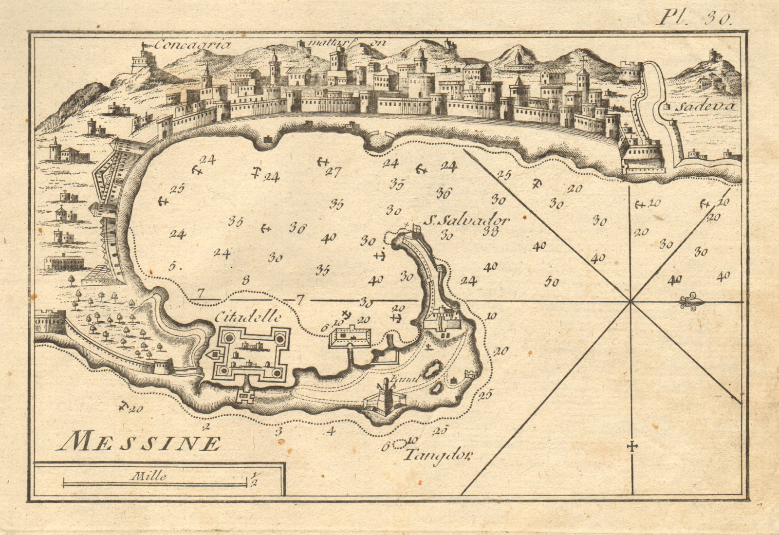 Messine. Plan of the Port of Messina. Sicily, Italy. ROUX 1804 old ...