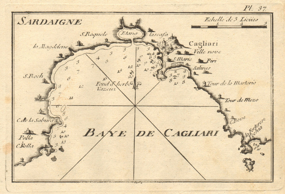 Baye de Cagliari (Sardaigne). Gulf of Cagliari, Sardinia, Italy. ROUX 1804 map