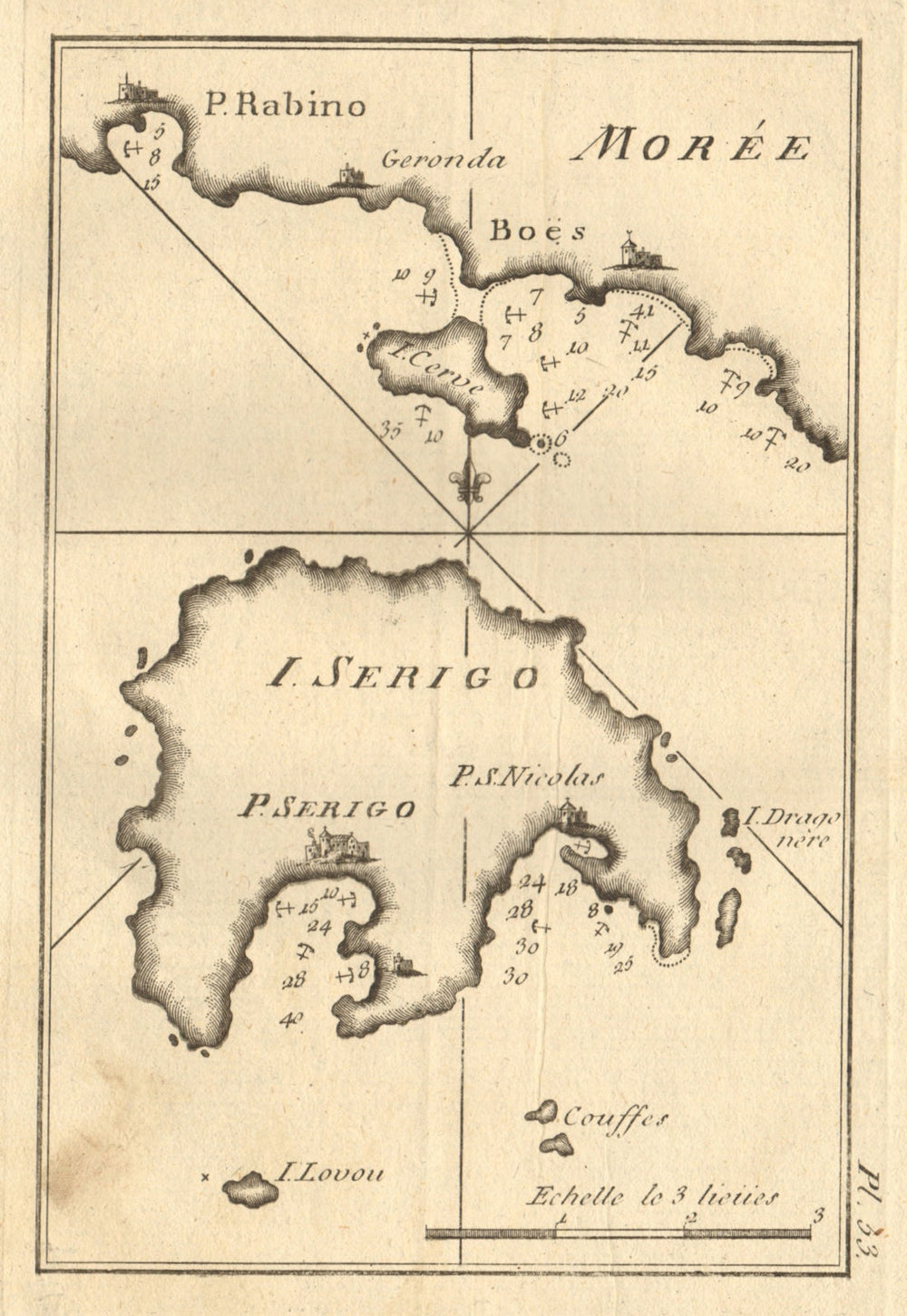 I. Serigo - Morée. Kythira/Cythera (Cerigo) & Elafonisos. Greece. ROUX 1804 map