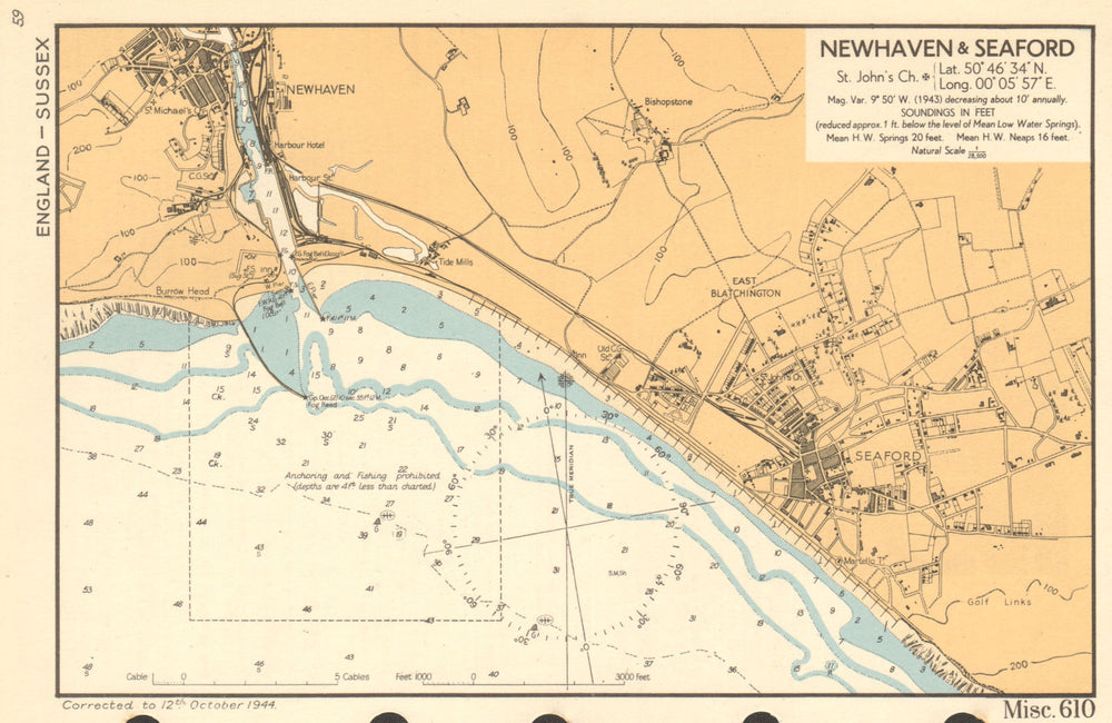 Newhaven & Seaford town plan & sea coast chart. Sussex. ADMIRALTY 1944 old map