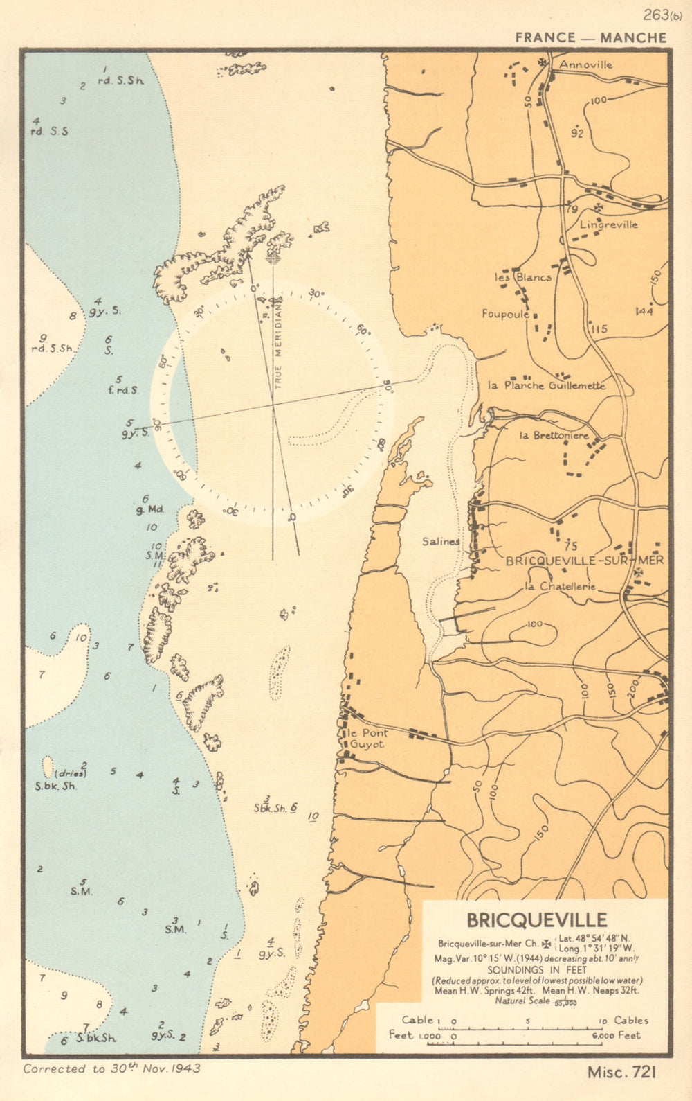 Bricqueville-sur-Mer sea coast chart. D-Day planning map. Manche. ADMIRALTY 1943