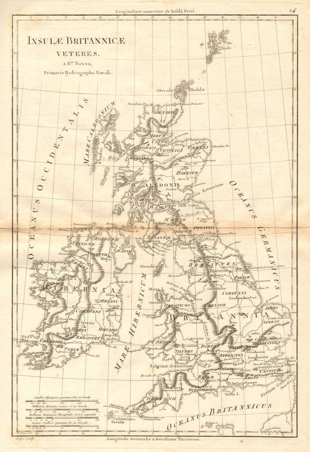 Insulae Britannicae Veteres. British Isles Ancient Roman Britain. BONNE 1787 map