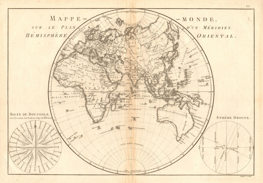Mappe-monde sur le plan d’un Méridien, hemisphere Oriental. BONNE 1787 old