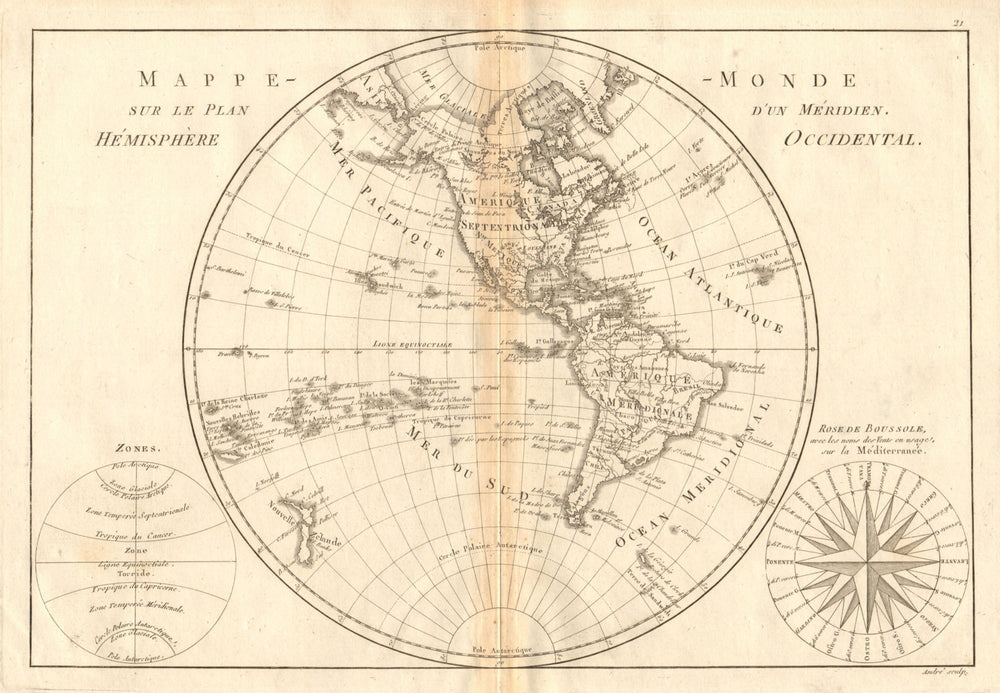 Mappe-monde sur le plan d’un Méridien, hemisphere Occidental. BONNE 1787