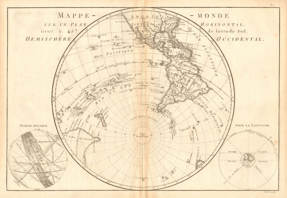 Mappe-monde sur un plan horisontal… à 45°S hemisphere Occidental. BONNE 1787