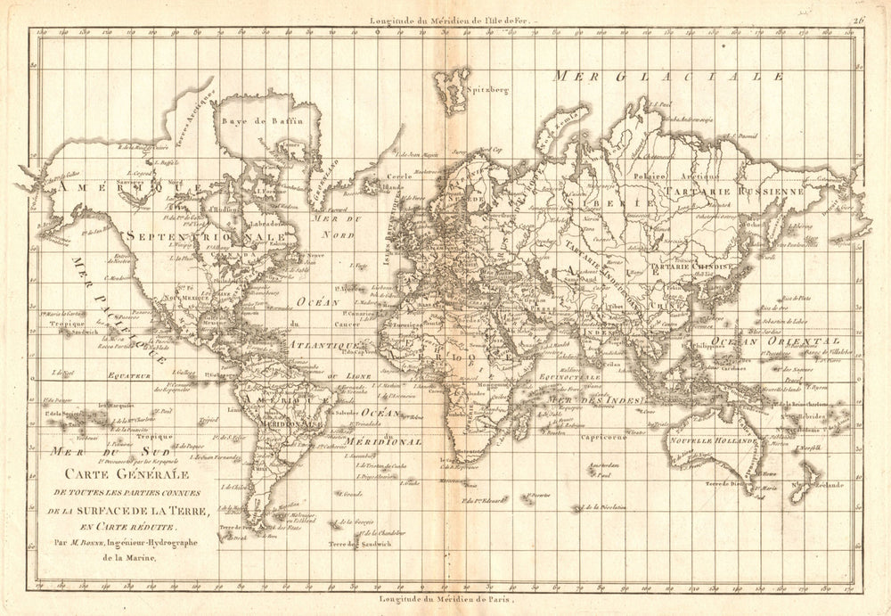 Carte générale de toutes les parties connues de la… terre. World. BONNE 1787 map