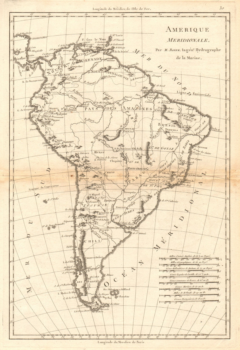 Amerique Meridionale. Antique map of South America. BONNE 1787 old