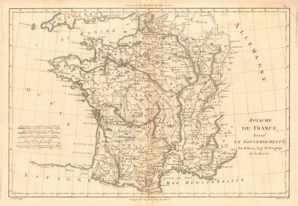 Royaume de France, divisé en Gouvernements. Provinces. BONNE 1787 old map