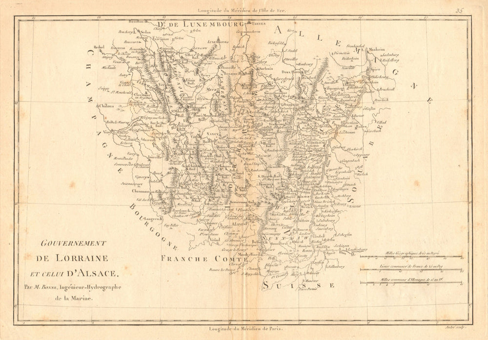 Gouvernement de Lorraine et celui d'Alsace. North-east France. BONNE 1787 map