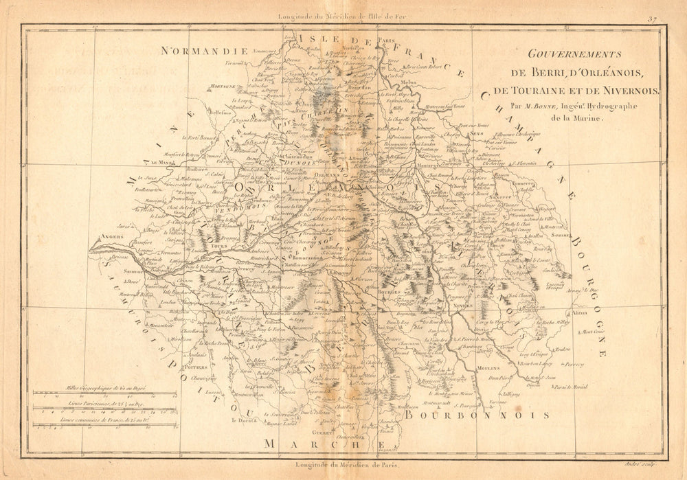 Gouvernements de Berri, d’Orléanois, de Touraine et de Nivernois. BONNE 1787 map