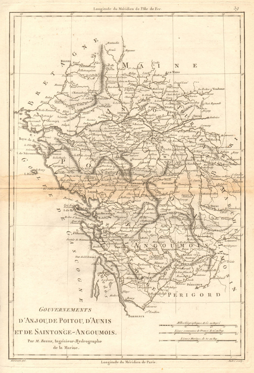 Gouvernements d’Anjou, de Poitou, d’Aunis & Saintonge-Angoumois. BONNE 1787 map