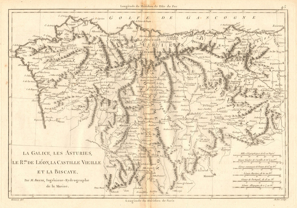 Galice, Asturies, Léon, Castille vieille & Biscaye. NW Spain. BONNE 1787 map