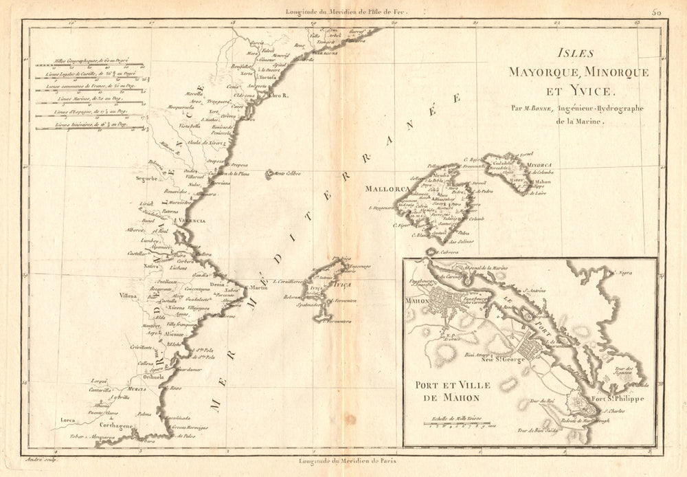 Iles Mayorque, Minorque et Yvice. Mahon. Majorca Menorca Ibiza. BONNE 1787 map