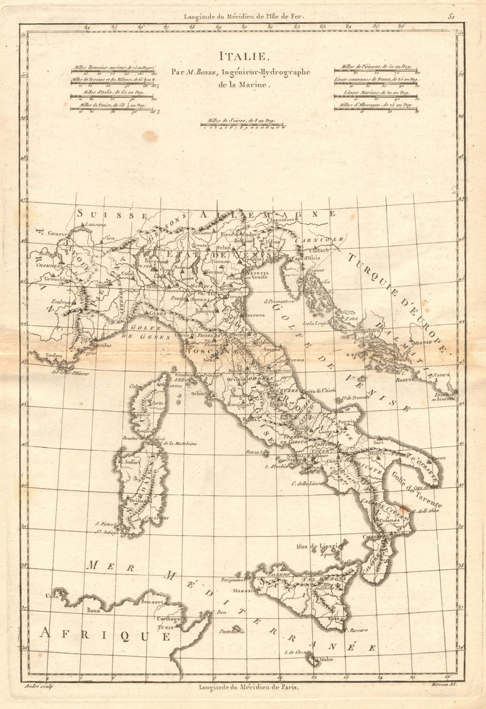 Italie. Antique map of Italy. BONNE 1787 old vintage plan chart