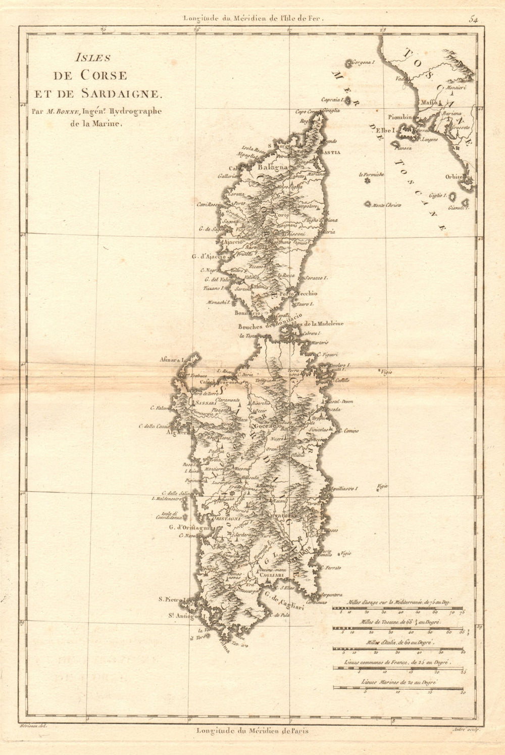 Isles de Corse et de Sardaigne. Corsica and Sardinia. BONNE 1787 old map