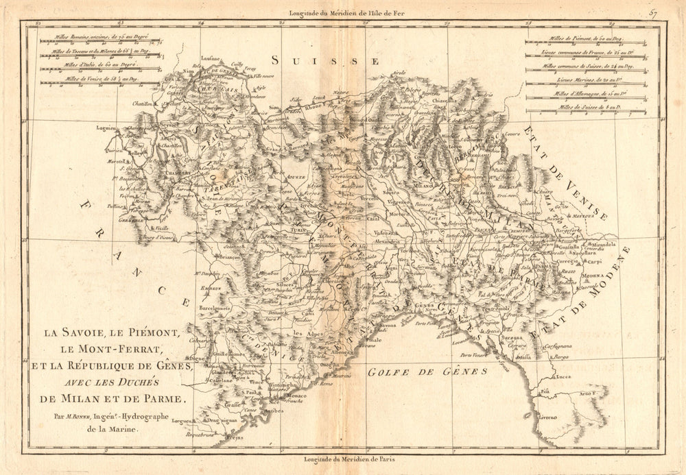 Savoie, Piémont, Montferrat, Genes, Milan & Parme. Genoa NW Italy BONNE 1787 map