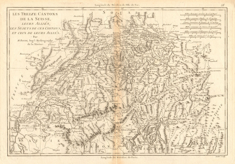 Les treize Cantons de la Suisse. Switzerland Suisse Schweiz. BONNE 1787 map