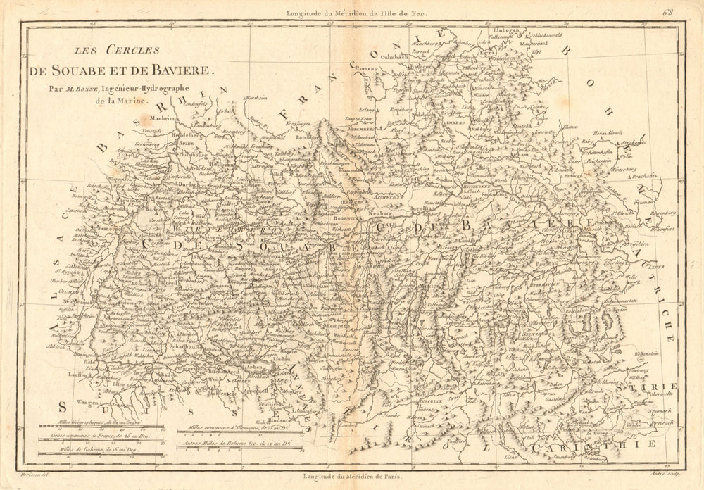 Les Cercles de Souabe et de Baviere. Circles of Swabia & Bavaria. BONNE 1787 map