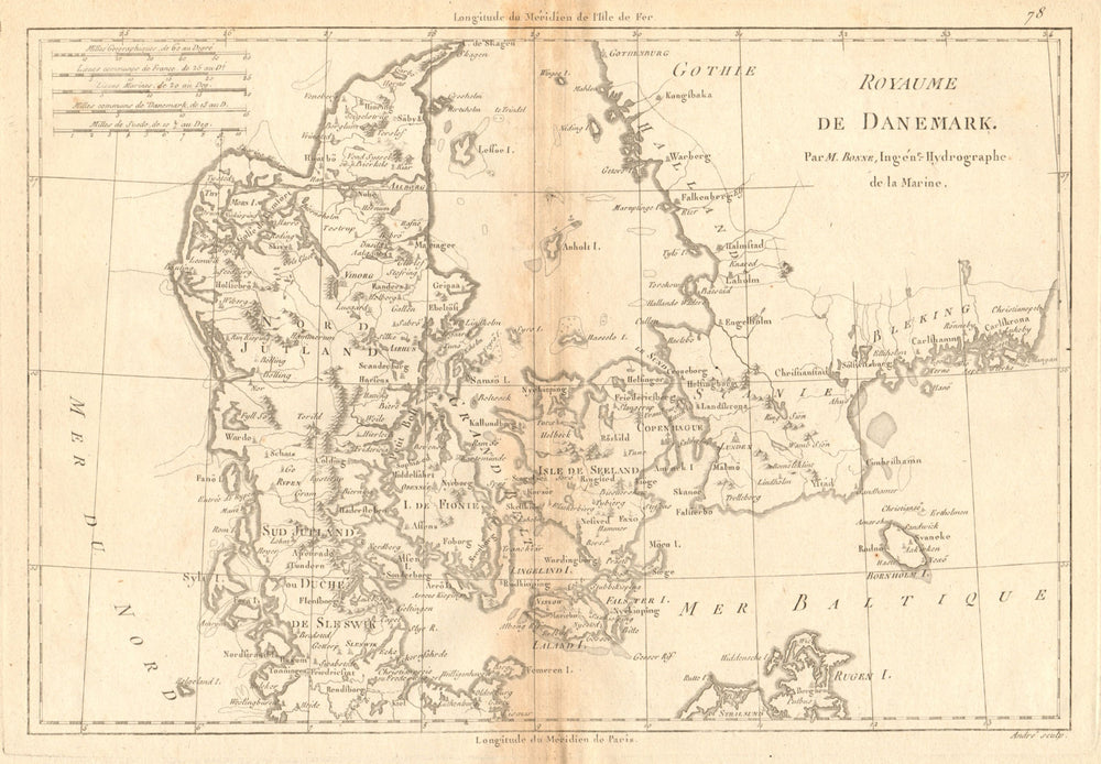 Royaume de Danemark. Kingdom of Denmark. BONNE 1787 old antique map plan chart