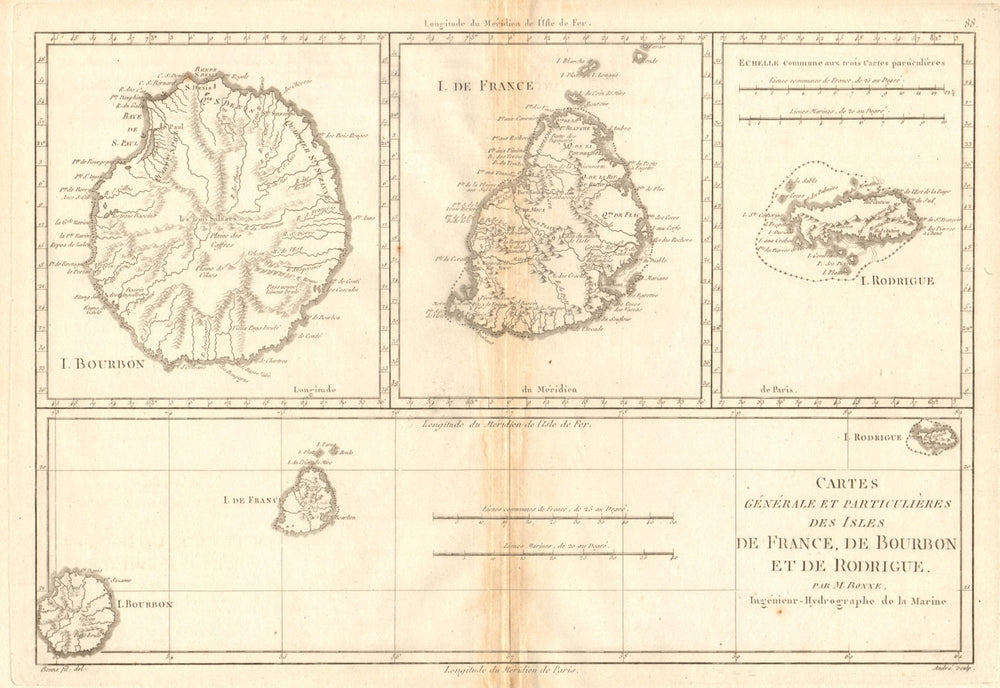 Isle de France, Bourbon & Rodrigue. Mauritius Réunion Rodrigues. BONNE 1788 map