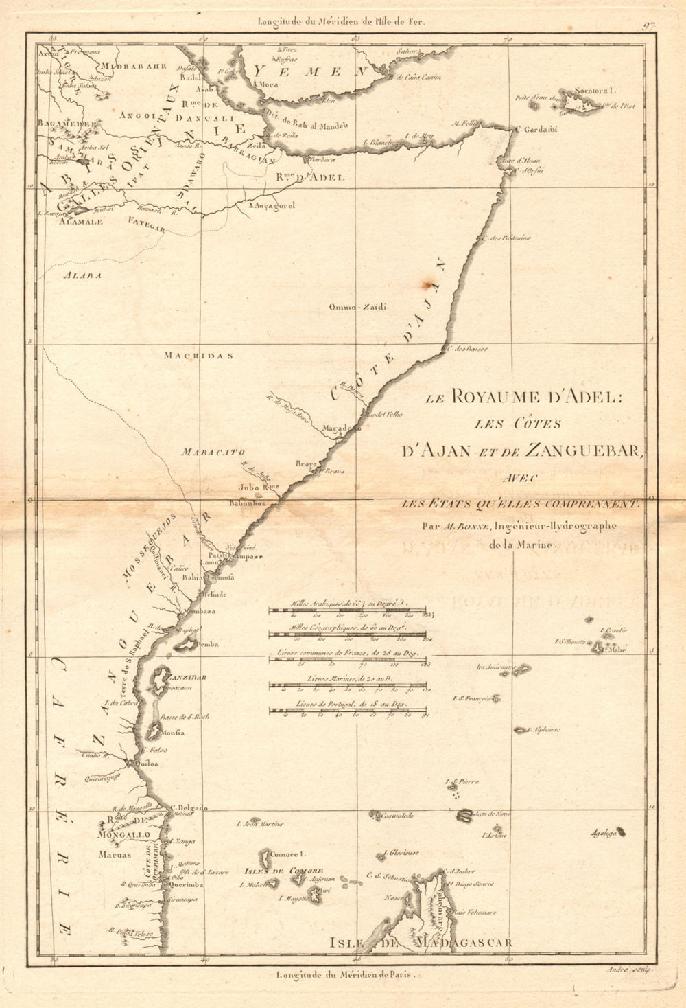 Le Royaume d’Adel… Ajan & Zanguebar. Adal Ajuran. Kenya Tanzania. BONNE 1788 map