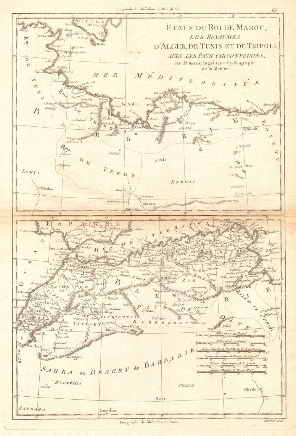 États du Roi de Maroc… d’Alger, Tunis & Tripoli. North Africa. BONNE 1788 map