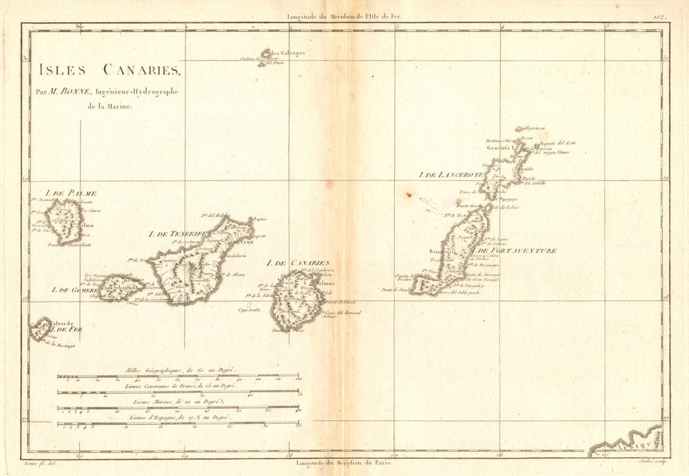 Isles Canaries. Canary Islands. Spain. Tenerife Lanzarote &c. BONNE 1788 map