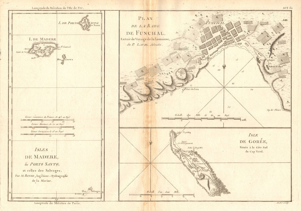 Isles de Madere, Porto Santo & Gorée. Funchal harbour. Madeira. BONNE 1788 map